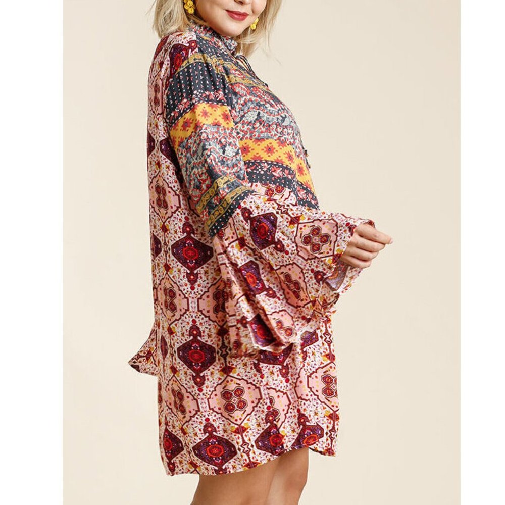 Plus Boho Gypsy Bell Sleeve Babydoll Tunic Dress - Picture 4 of 6